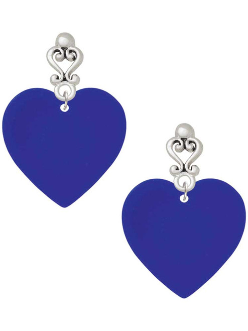 Acrylic Large Royal Blue Heart - Filigree Heart Post Earrings