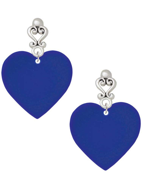 Acrylic Large Navy Blue Heart - Filigree Heart Post Earrings