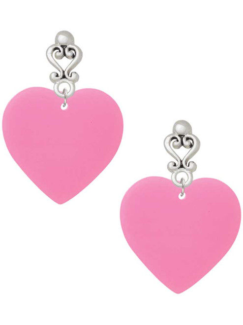 Acrylic Large Hot Pink Heart - Filigree Heart Post Earrings