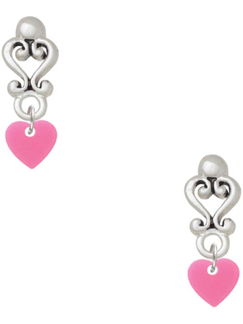 Acrylic Mini Hot Pink Heart - Filigree Heart Post Earrings