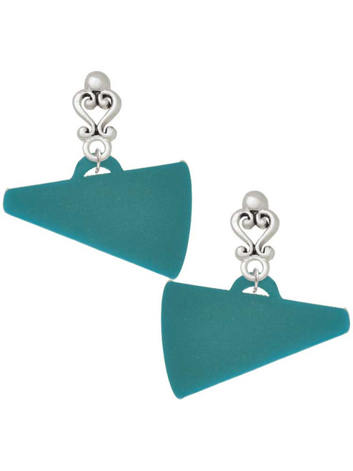 Acrylic Large Teal Megaphone - Filigree Heart Post Earrings