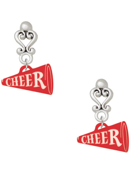 Acrylic Red Cheer Megaphone - Filigree Heart Post Earrings