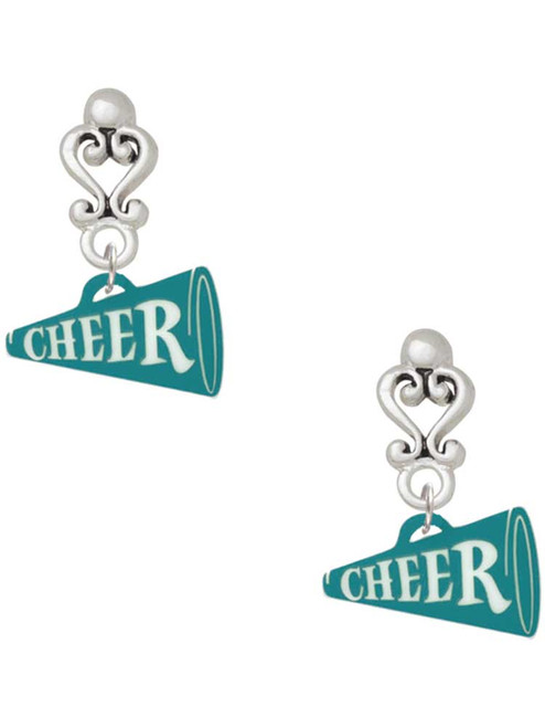 Acrylic Teal Cheer Megaphone - Filigree Heart Post Earrings