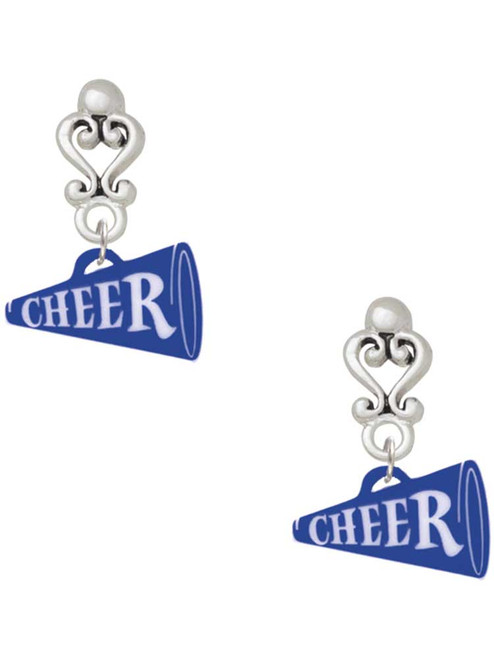 Acrylic Royal Blue Cheer Megaphone - Filigree Heart Post Earrings