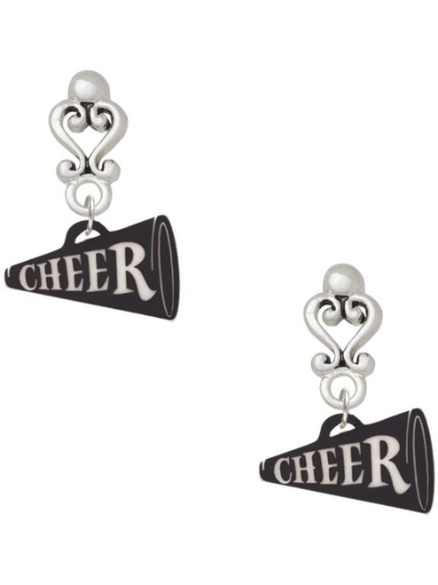 Acrylic Black Cheer Megaphone - Filigree Heart Post Earrings
