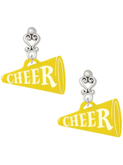 Acrylic Large Yellow Cheer Megaphone - Filigree Heart Post Earrings