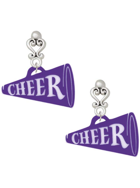 Acrylic Large Purple Cheer Megaphone - Filigree Heart Post Earrings