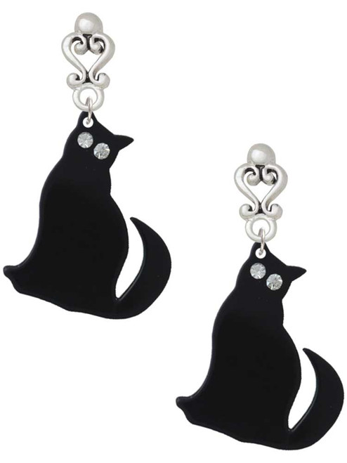 Acrylic Sitting Black Cat with Crystal Eyes - Filigree Heart Post Earrings