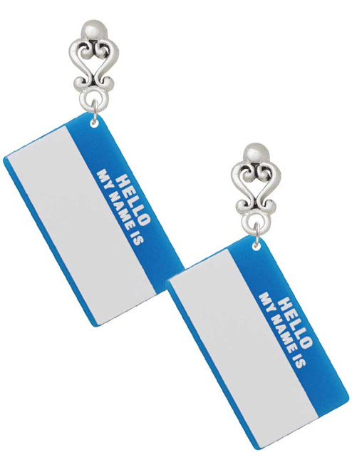 Acrylic Blue "Hello" Name Tag - Filigree Heart Post Earrings
