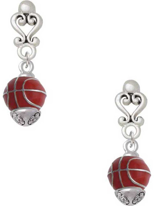 Silver Plated 3-D Enamel Basketball Spinner - Filigree Heart Post Earrings