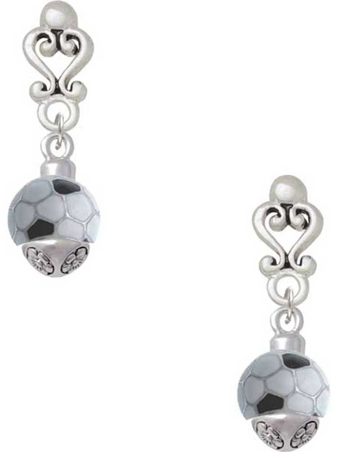 Silver Plated 3-D Enamel Soccerball Spinner - Filigree Heart Post Earrings