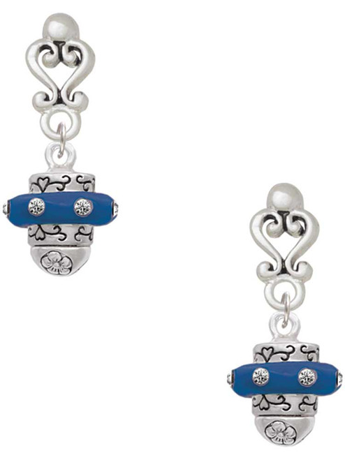 Silver Plated Crystal Navy Blue Spinner - Filigree Heart Post Earrings