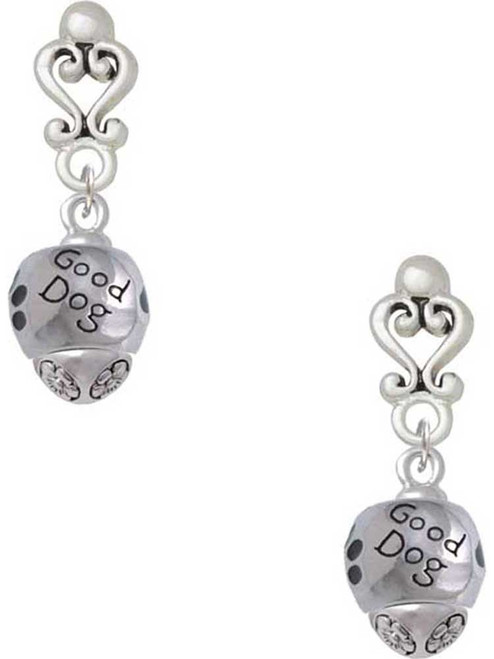 Silver Plated Good Dog with Black Paw Spinners - Filigree Heart Post Earrings