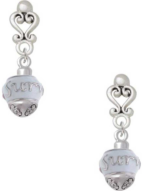 Silver Plated Survivor with Pink Ribbon on White Spinners - Filigree Heart Post Earrings