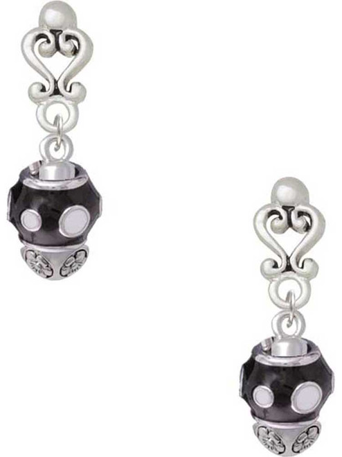 Silver Plated White Dots on Black Spinner - Filigree Heart Post Earrings