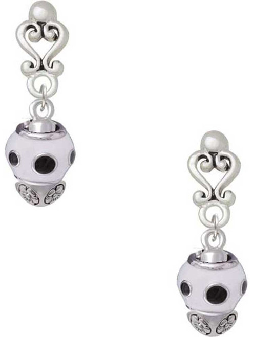 Silver Plated Black Dots on White Spinner - Filigree Heart Post Earrings