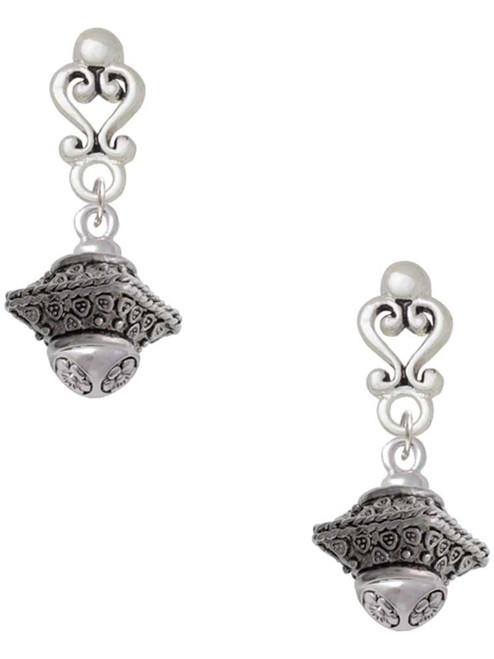 Silver Plated Large Fancy Square with Rope Border Spinner - Filigree Heart Post Earrings