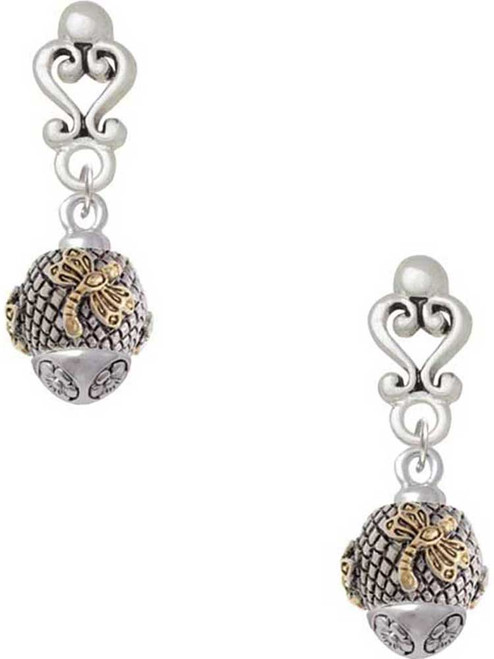 Gold-tone Dragonfly on Silver Plated Hatched Background Spinner - Filigree Heart Post Earrings