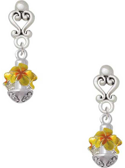 Silver Plated Hot Yellow & Orange Plumeria Flowers Spinner - Filigree Heart Post Earrings