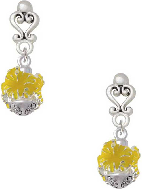 Silver Plated Hot Yellow Hibiscus Flowers Spinner - Filigree Heart Post Earrings