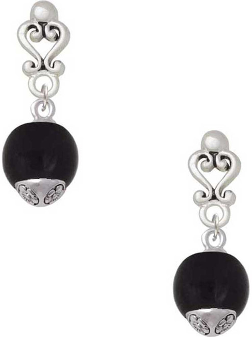 Silver Plated 12mm Black Roller Glass Spinner - Filigree Heart Post Earrings