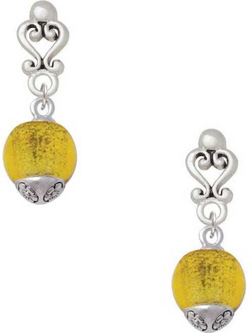 Silver Plated 12mm Glass Yellow Roller Spinner - Filigree Heart Post Earrings