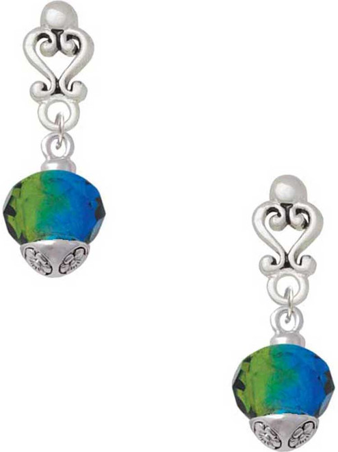 Silver Plated 12mm Faceted Hot Blue Glass Spinner - Filigree Heart Post Earrings