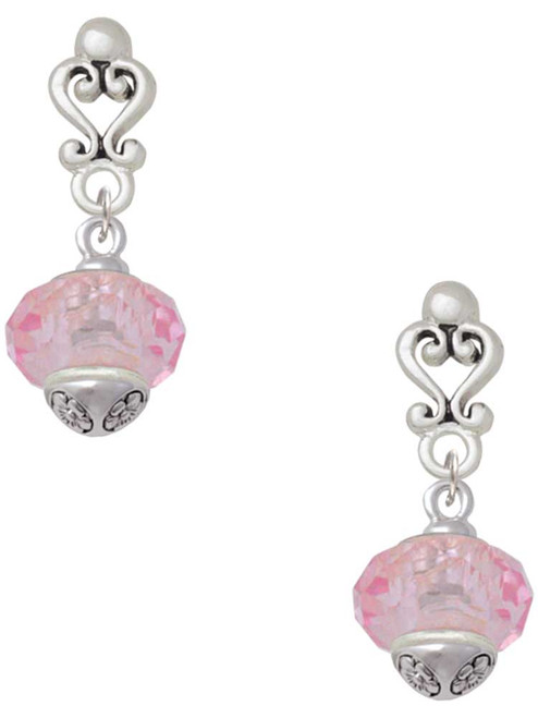 Pink Faceted Glass Spinner - Filigree Heart Post Earrings
