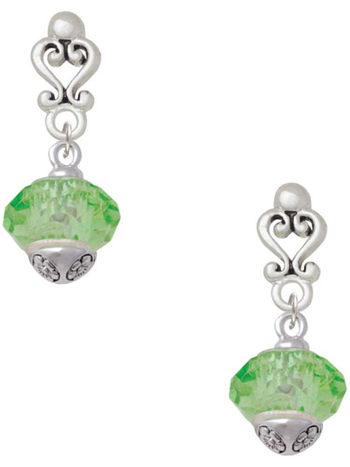 Lime Green Faceted Glass Spinner - Filigree Heart Post Earrings