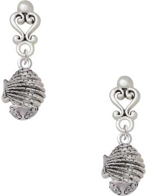 Silver Plated Clam Spinner - Filigree Heart Post Earrings