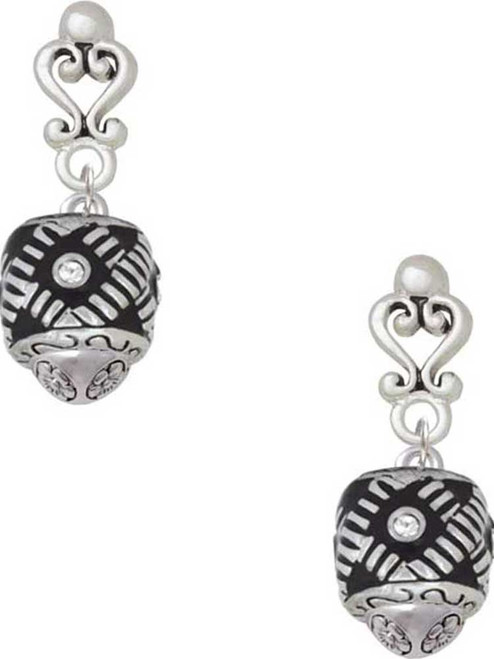 Silver Plated Diagonal Banded Barrel with Clear Crystals Spinner - Filigree Heart Post Earrings