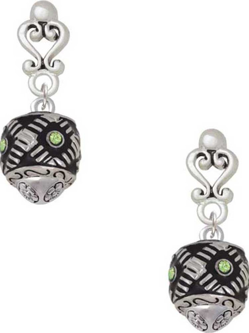 Silver Plated Diagonal Banded Barrel with Lime Green Crystals Spinner - Filigree Heart Post Earrings