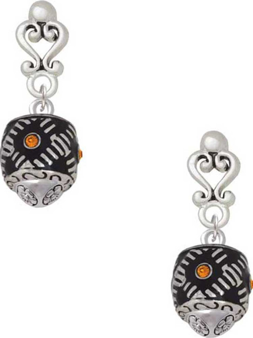Silver Plated Diagonal Banded Barrel with Yellow Crystals Spinner - Filigree Heart Post Earrings