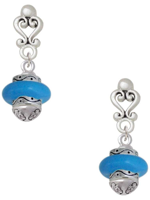 Silver Plated Hot Blue Center Spinner - Filigree Heart Post Earrings