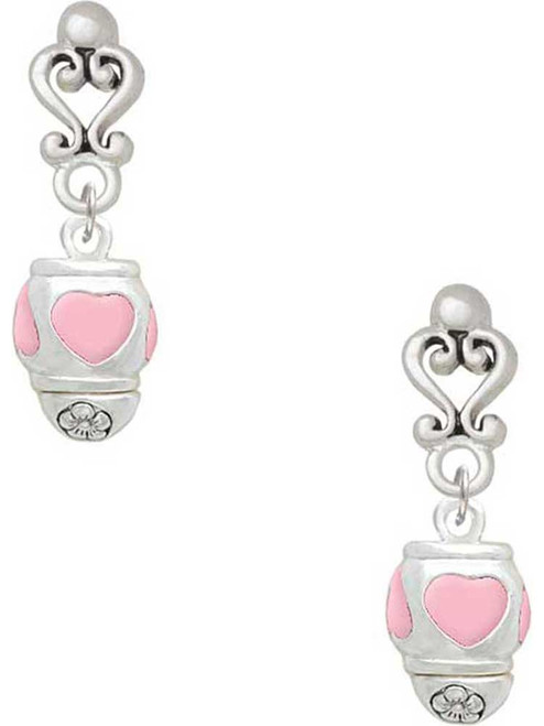 Silver Plated Pink Heart Spinner - Filigree Heart Post Earrings