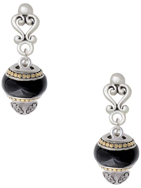 Two-tone Black Round Spinner - Filigree Heart Post Earrings