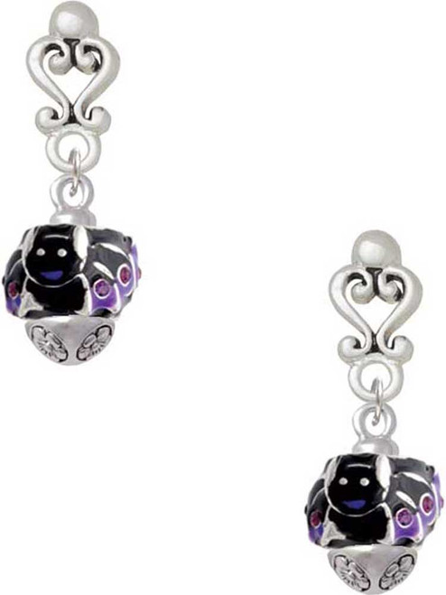 Silver Plated Black and Purple Bats with Crystals Spinner - Filigree Heart Post Earrings