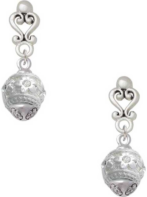 Silver Plated Raised Flowers with Clear Crystals on Barrel Spinner - Filigree Heart Post Earrings