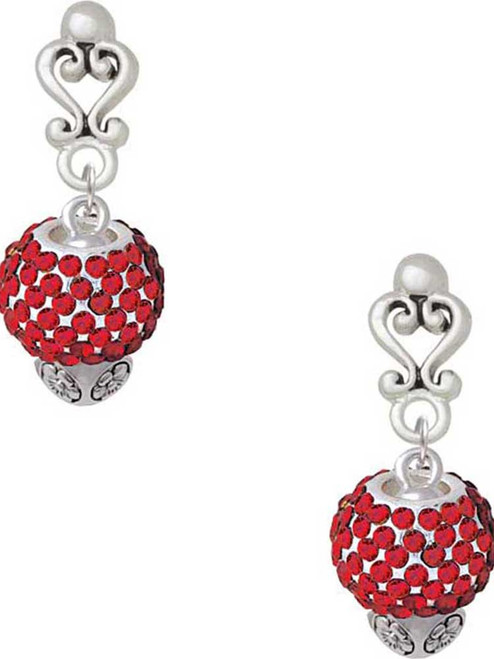 Silver Plated Red Crystal Sparkle Spinner - Filigree Heart Post Earrings