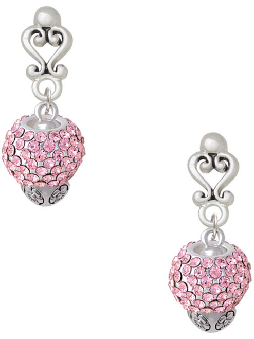 Silver Plated Pink Crystal Sparkle Spinner - Filigree Heart Post Earrings