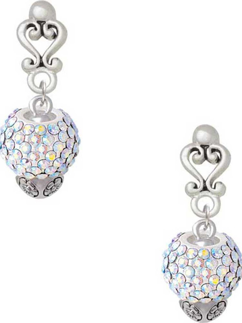 Silver Plated Clear AB Crystal Sparkle Spinner - Filigree Heart Post Earrings
