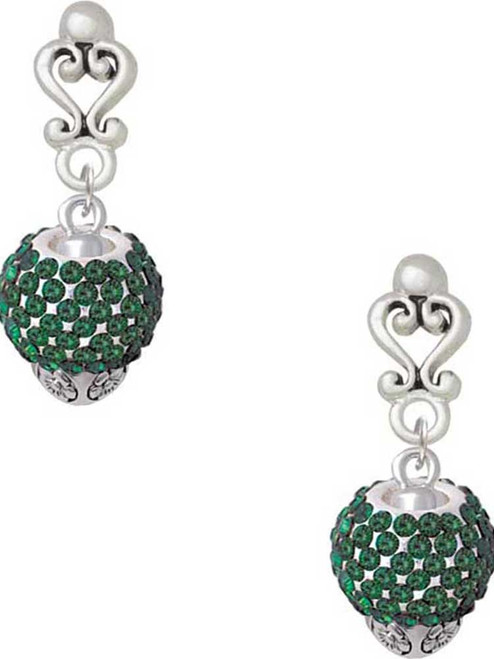 Silver Plated Green Crystal Sparkle Spinner - Filigree Heart Post Earrings