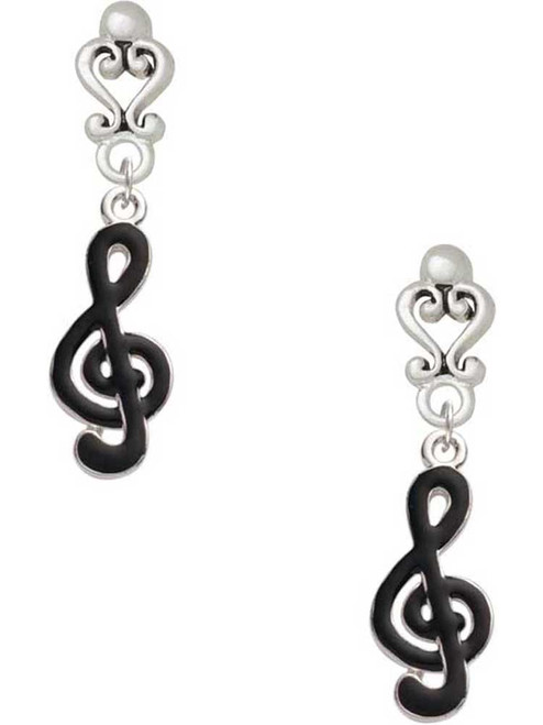 Silver Plated Black Clef - Filigree Heart Post Earrings