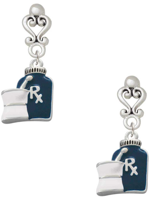 Silver Plated Blue Prescription Bottle - Filigree Heart Post Earrings