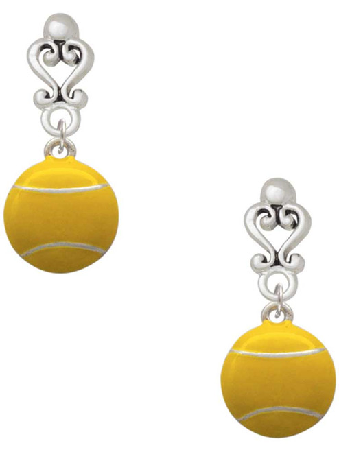 Silver Plated Large Tennis Ball - Filigree Heart Post Earrings