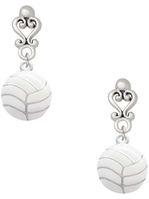 Silver Plated Large Volleyball - Filigree Heart Post Earrings
