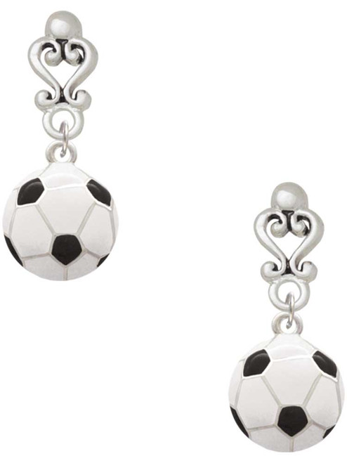 Silver Plated Large Enamel Soccer ball - Filigree Heart Post Earrings
