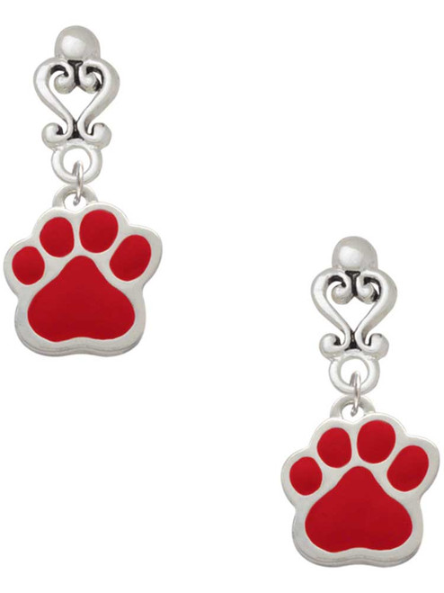 Silver Plated Large Red Paw - Filigree Heart Post Earrings