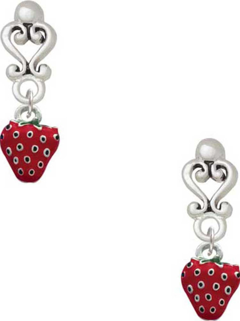 Silver Plated Mini Red Enamel Strawberry - Filigree Heart Post Earrings