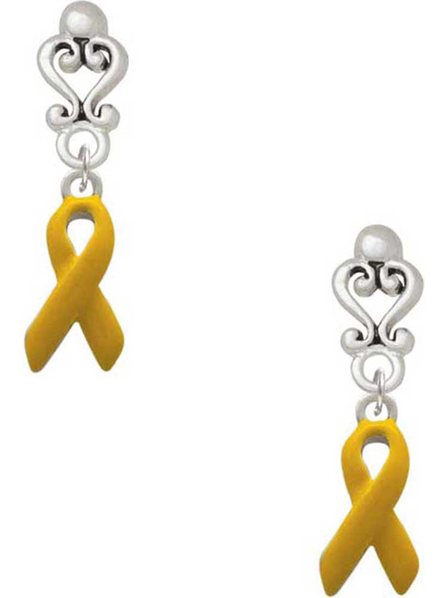 Silver Plated Yellow Ribbon - Filigree Heart Post Earrings